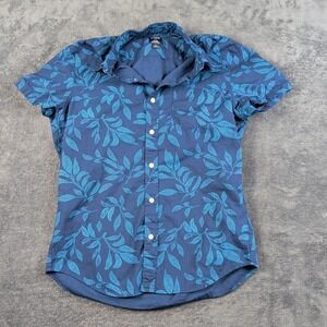 J Crew Shirt Mens Med Blue Leaf Print Flex Washed Short Sleeve Tropical Summer